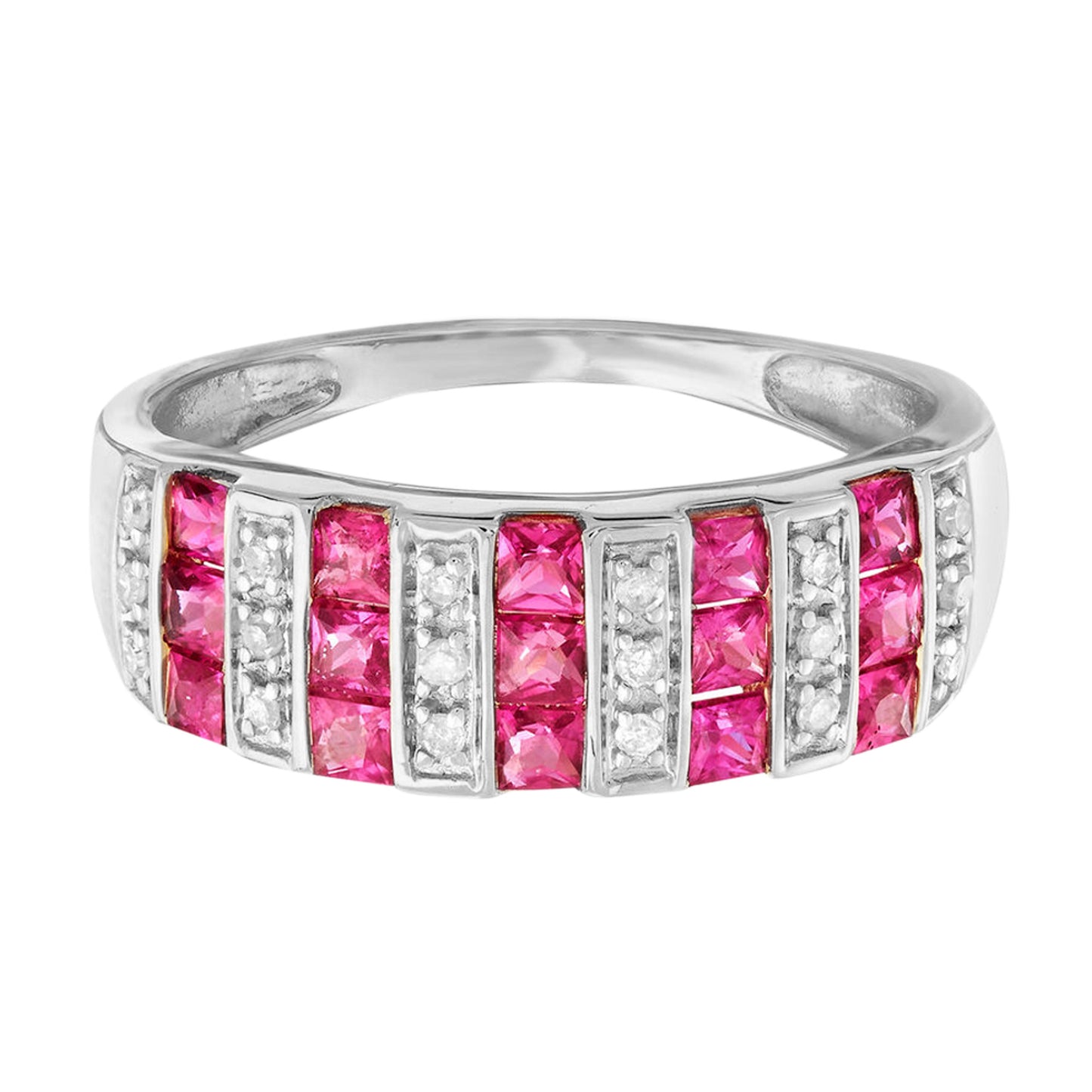 14Kt White Gold Ruby, Diamond Band Ring - Pinctore