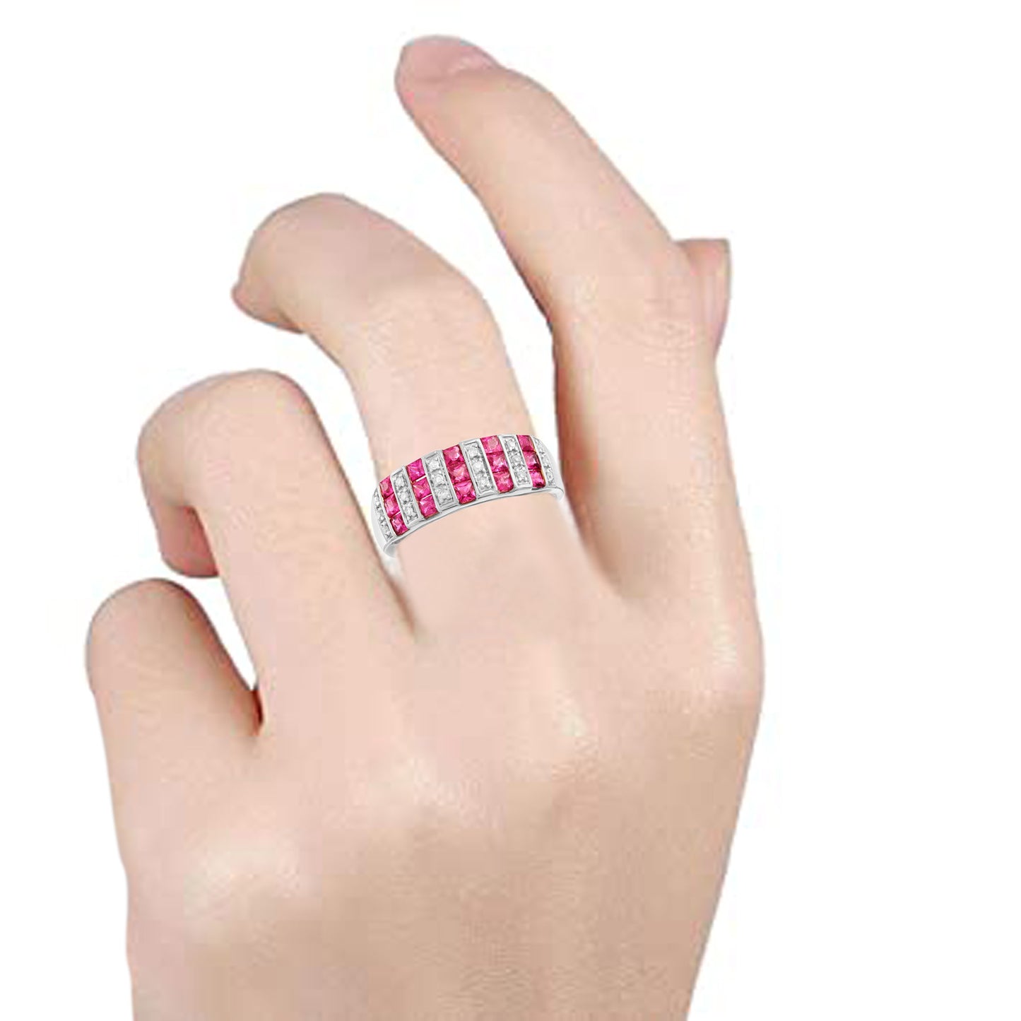14Kt White Gold Ruby, Diamond Band Ring - Pinctore