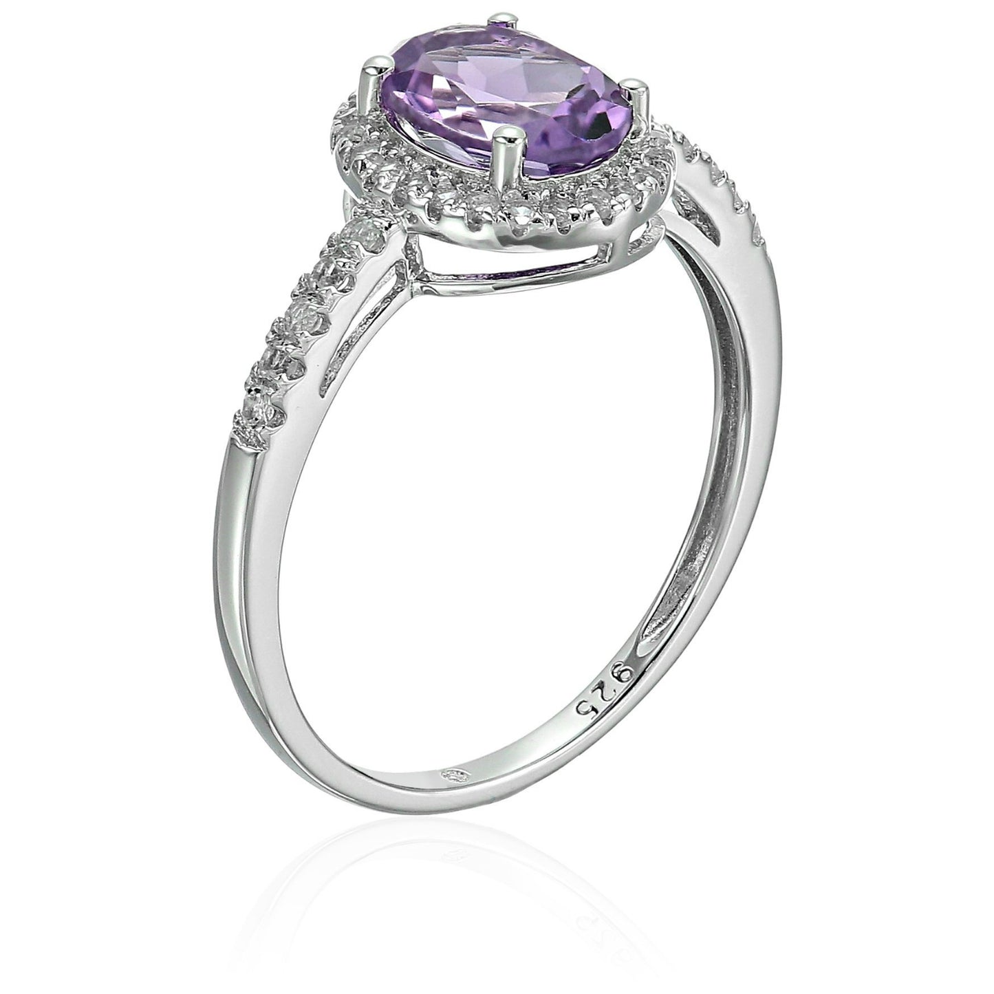 Sterling Silver Oval Amethyst and White Topaz Halo Engagement Ring - pinctore