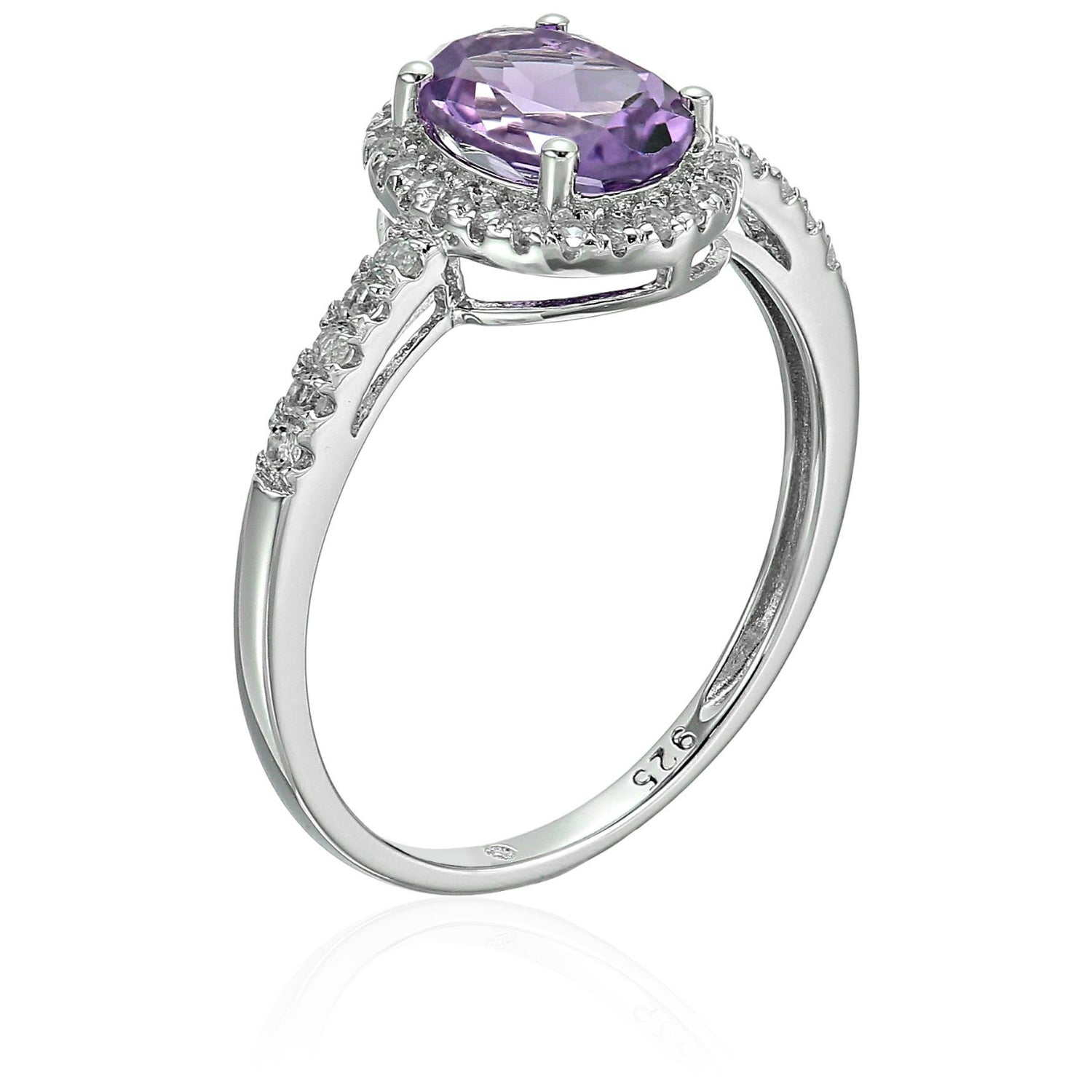 Sterling Silver Oval Amethyst and White Topaz Halo Engagement Ring - pinctore