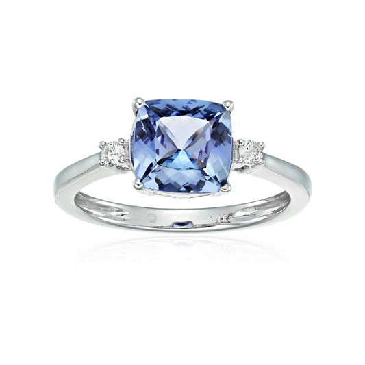 Pinctore 14k White Gold Cushion Tanzanite & Diamond Solitaire Ring - pinctore