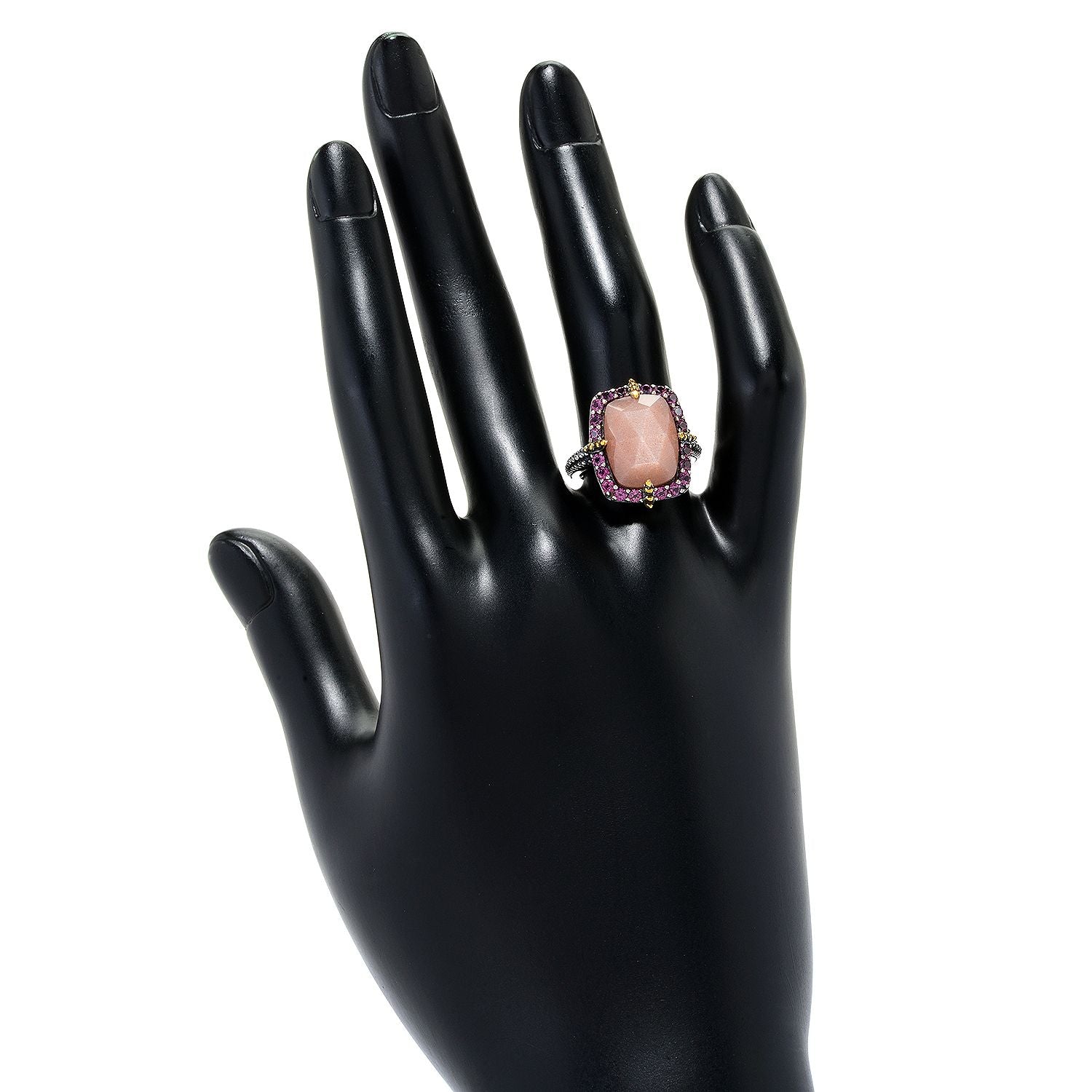 Pinctore 14 x 10mm Peach Moonstone & Rhodolite Garnet Beaded Halo Ring - pinctore