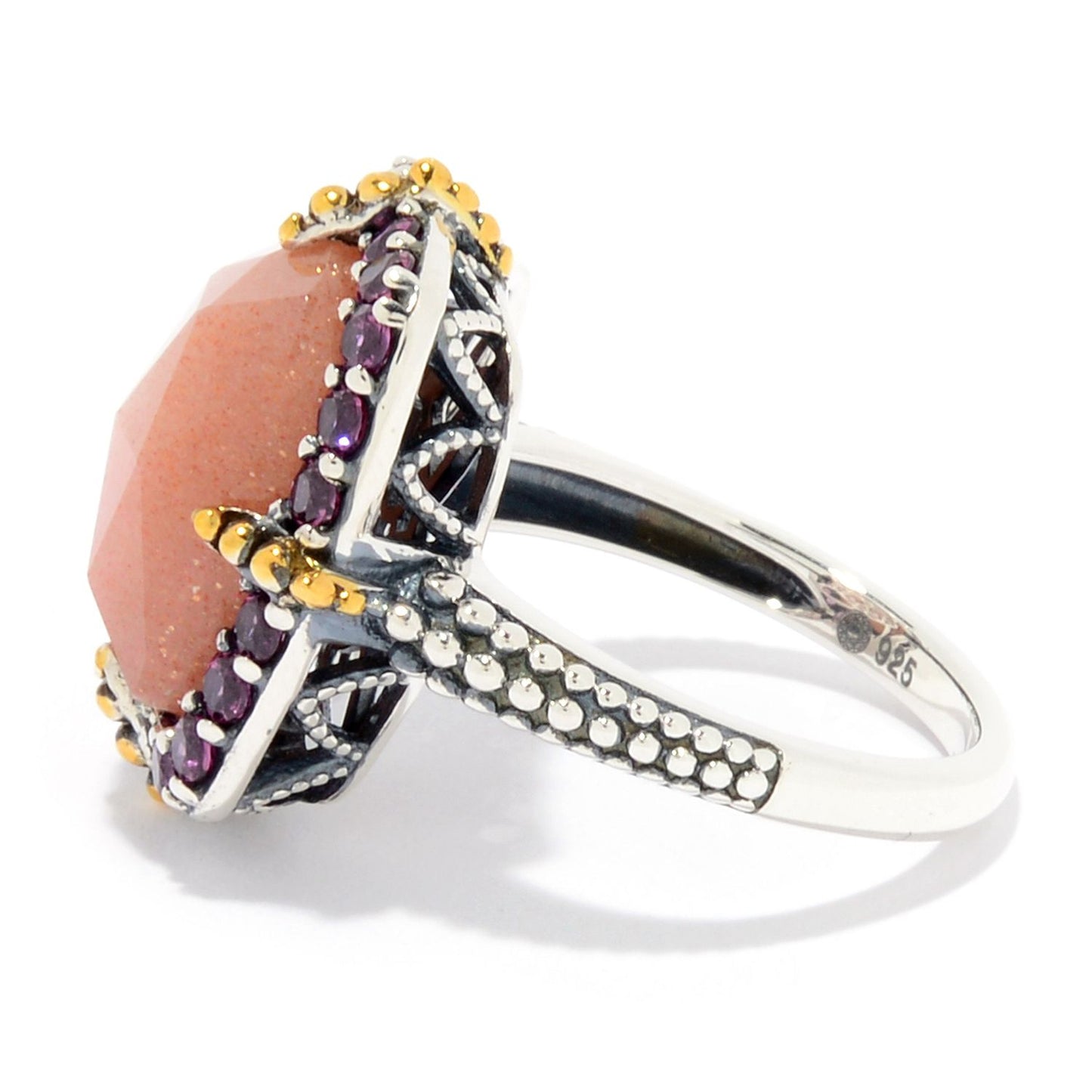 Pinctore 14 x 10mm Peach Moonstone & Rhodolite Garnet Beaded Halo Ring - pinctore