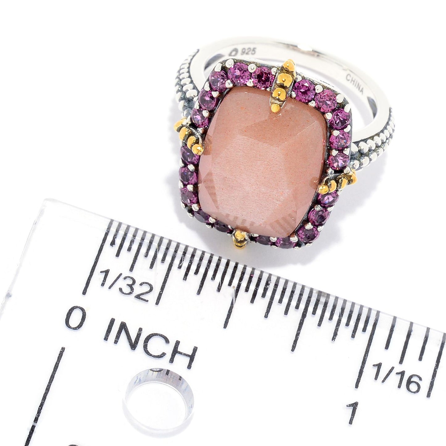 Pinctore 14 x 10mm Peach Moonstone & Rhodolite Garnet Beaded Halo Ring - pinctore