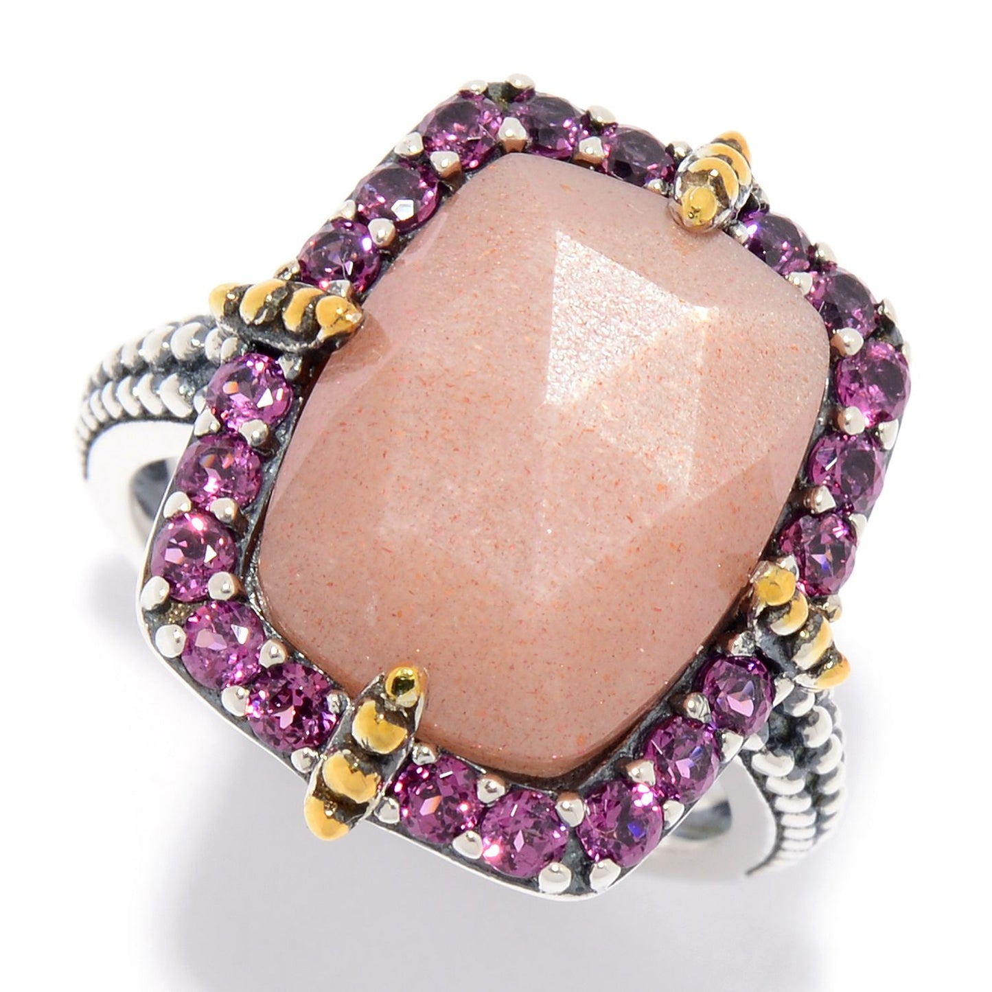 Pinctore 14 x 10mm Peach Moonstone & Rhodolite Garnet Beaded Halo Ring - pinctore
