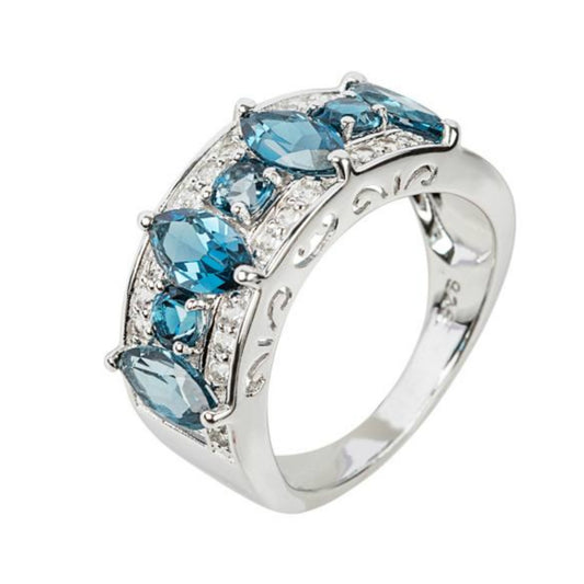 925 Sterling Silver London Blue Topaz, White Topaz Ring - Pinctore