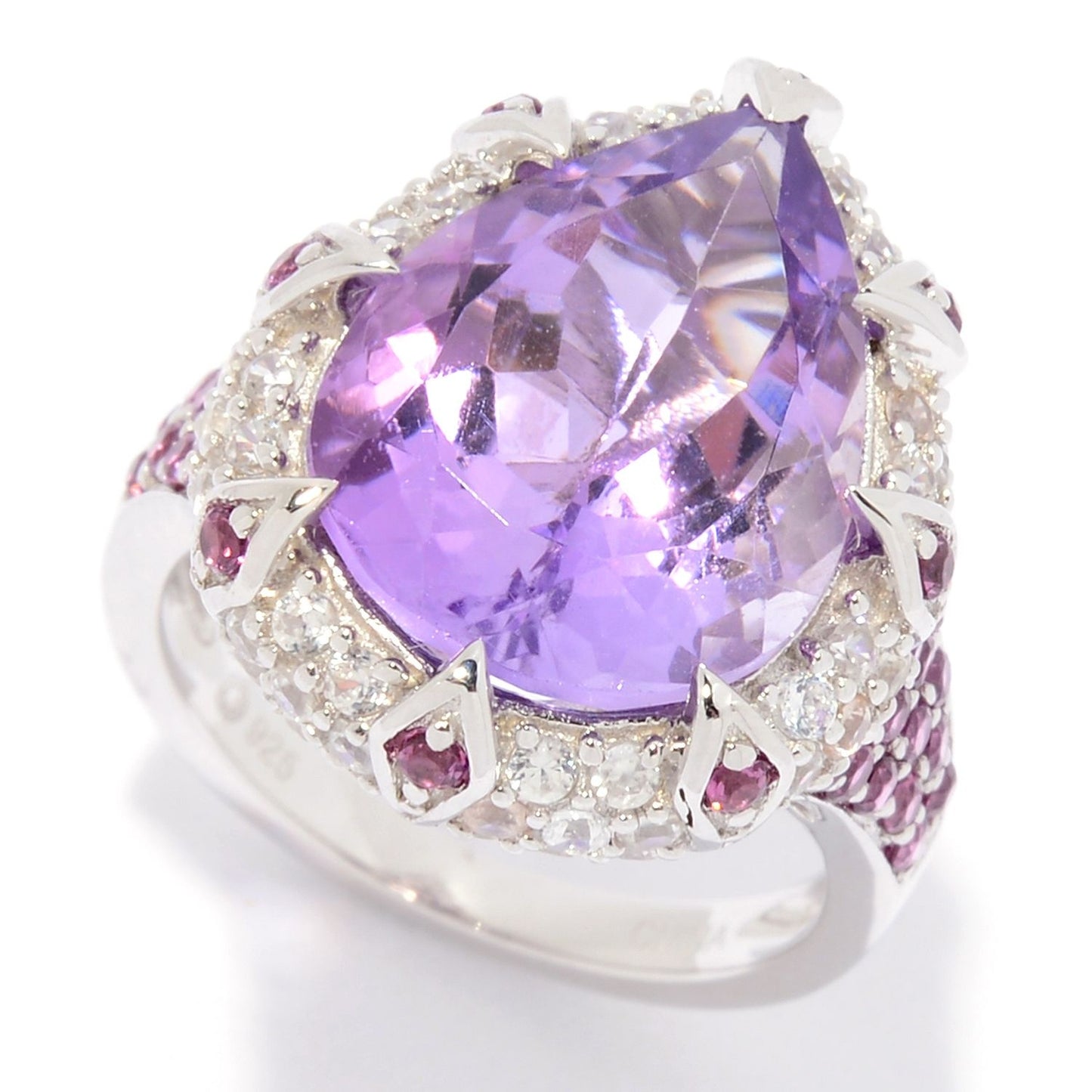 Pinctore Sterling Silver Pear Cut Pink Amethyst & White Zircon Ring - pinctore