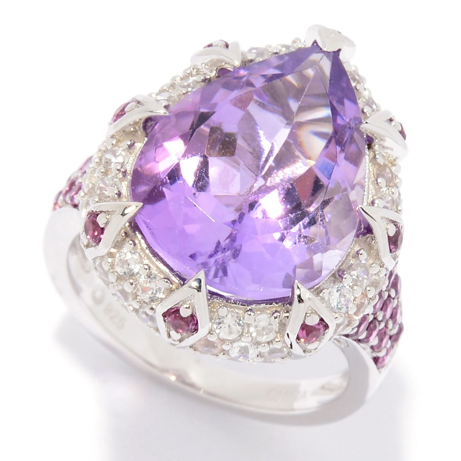 Pinctore Sterling Silver Pear Cut Pink Amethyst & White Zircon Ring - pinctore