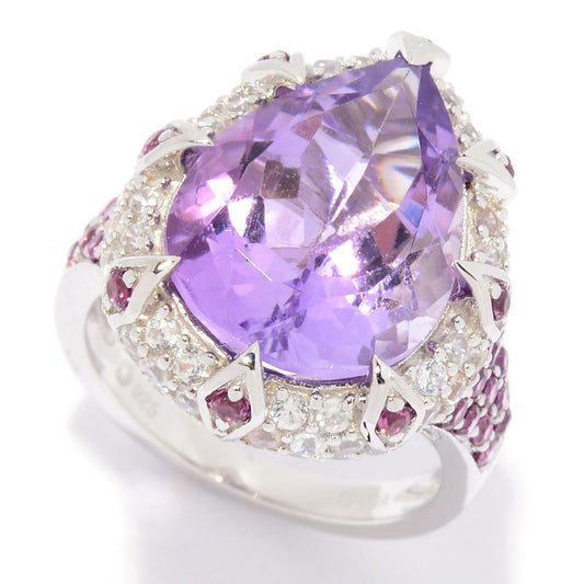 Pinctore Sterling Silver Pear Cut Pink Amethyst & White Zircon Ring - pinctore