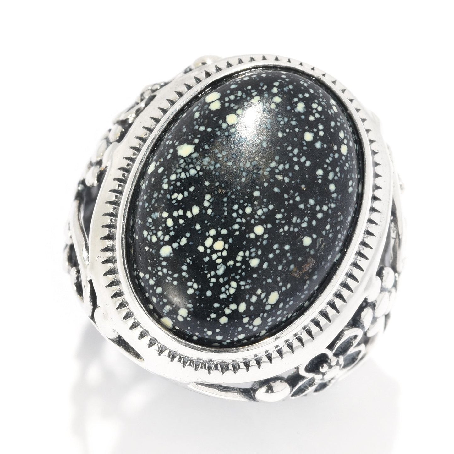 Pinctore Sterling Silver 18 x 13mm Oval Green Lander Flower Shank Ring - pinctore