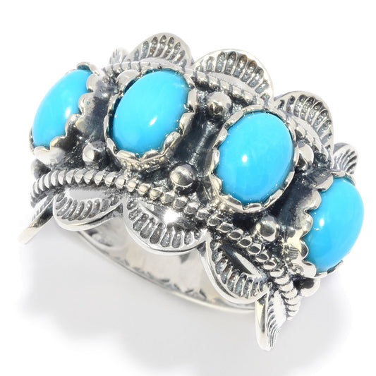 Pinctore Sterling Silver Kingman Turquoise Scalloped Edge Band Ring - pinctore