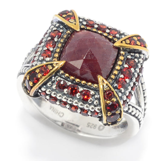 Pinctore Sterling Silver Rose Cut Madurai Ruby & Garnet Ring - pinctore