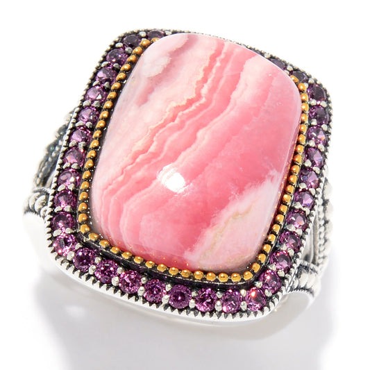 Pinctore Sterling Silver 16 x 12mm Rhodochrosite & Rhodolite Ring - pinctore