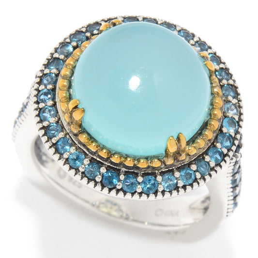 Pinctore Sterling Silver 7.20ctw Aqua Chalcedony & London Blue Topaz Halo Ring - pinctore