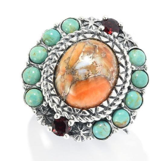 Pinctore Sterling Silver Orange Spiny Oyster & Gemstone Halo Ring - pinctore