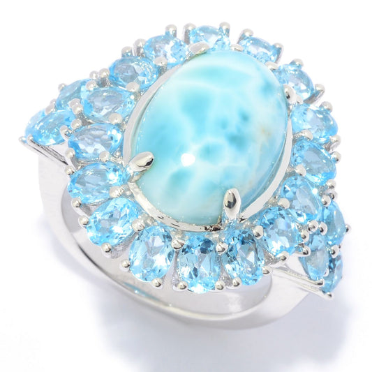 Pinctore Sterling Silver 14 x 10mm Larimar & Blue Topaz Halo Ring - pinctore