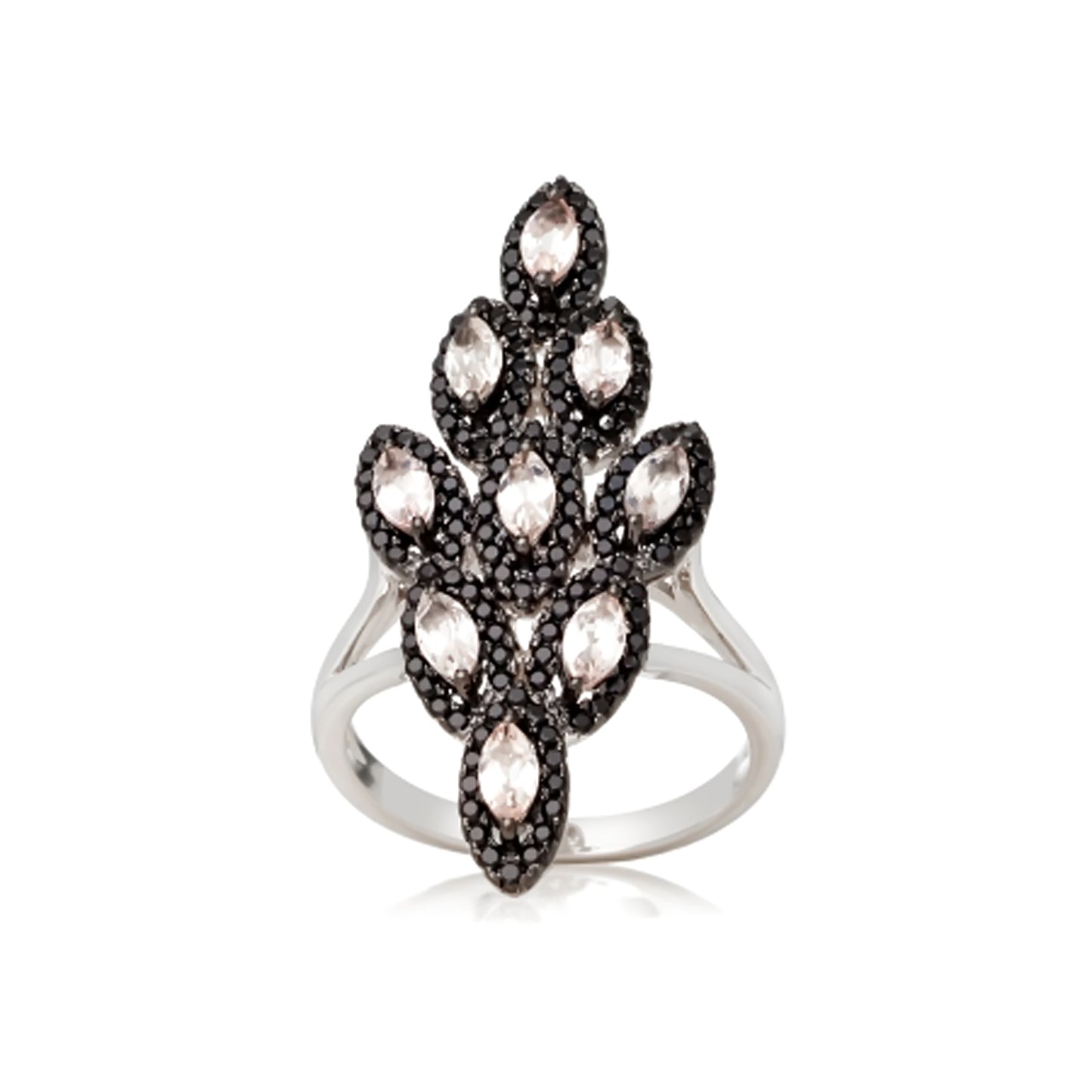 925 Sterling Silver Morganite, Black Spinel Ring - Pinctore