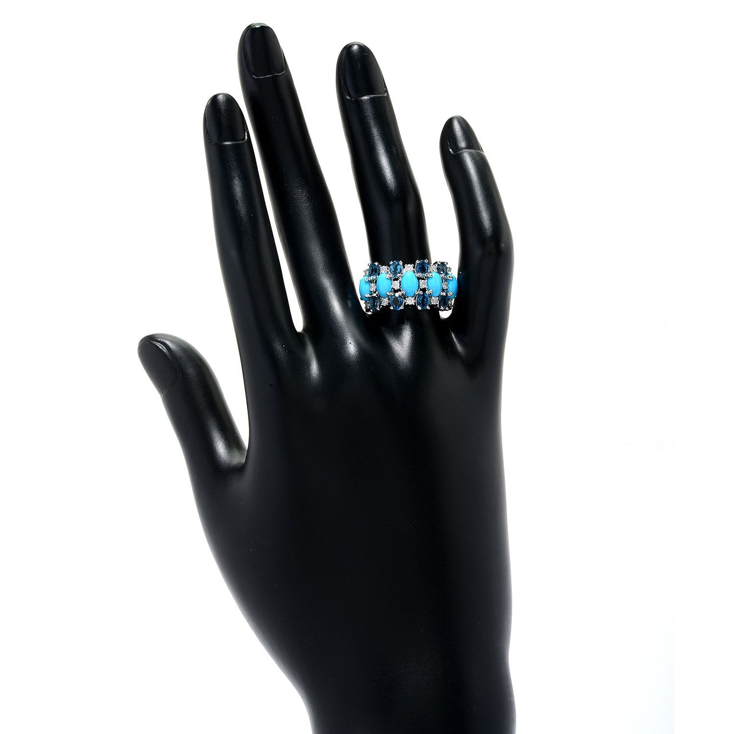 925 Sterling Silver Sleeping Beauty Turquoise, London Blue Topaz, White Natural Zircon Ring - Pinctore