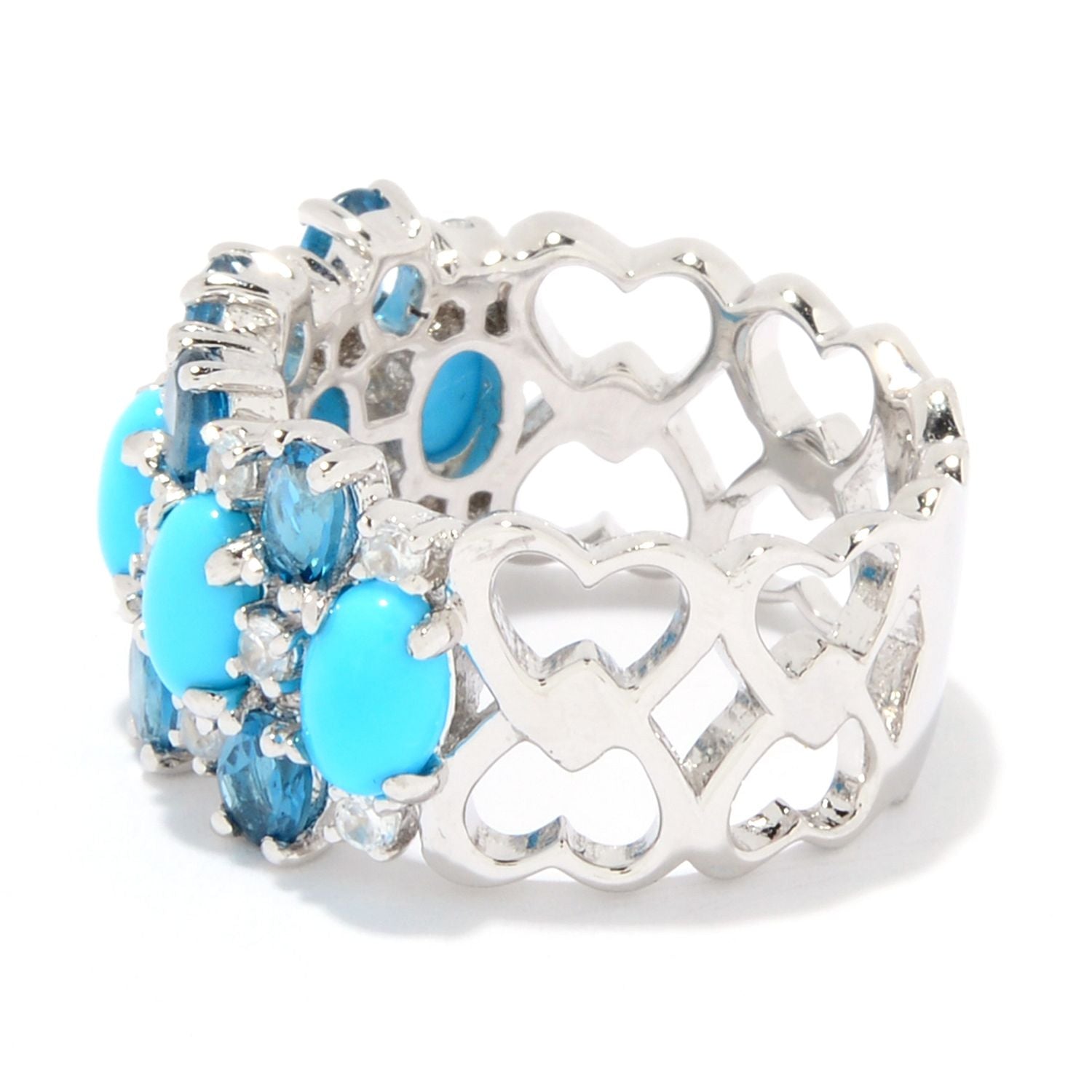 925 Sterling Silver Sleeping Beauty Turquoise, London Blue Topaz, White Natural Zircon Ring - Pinctore
