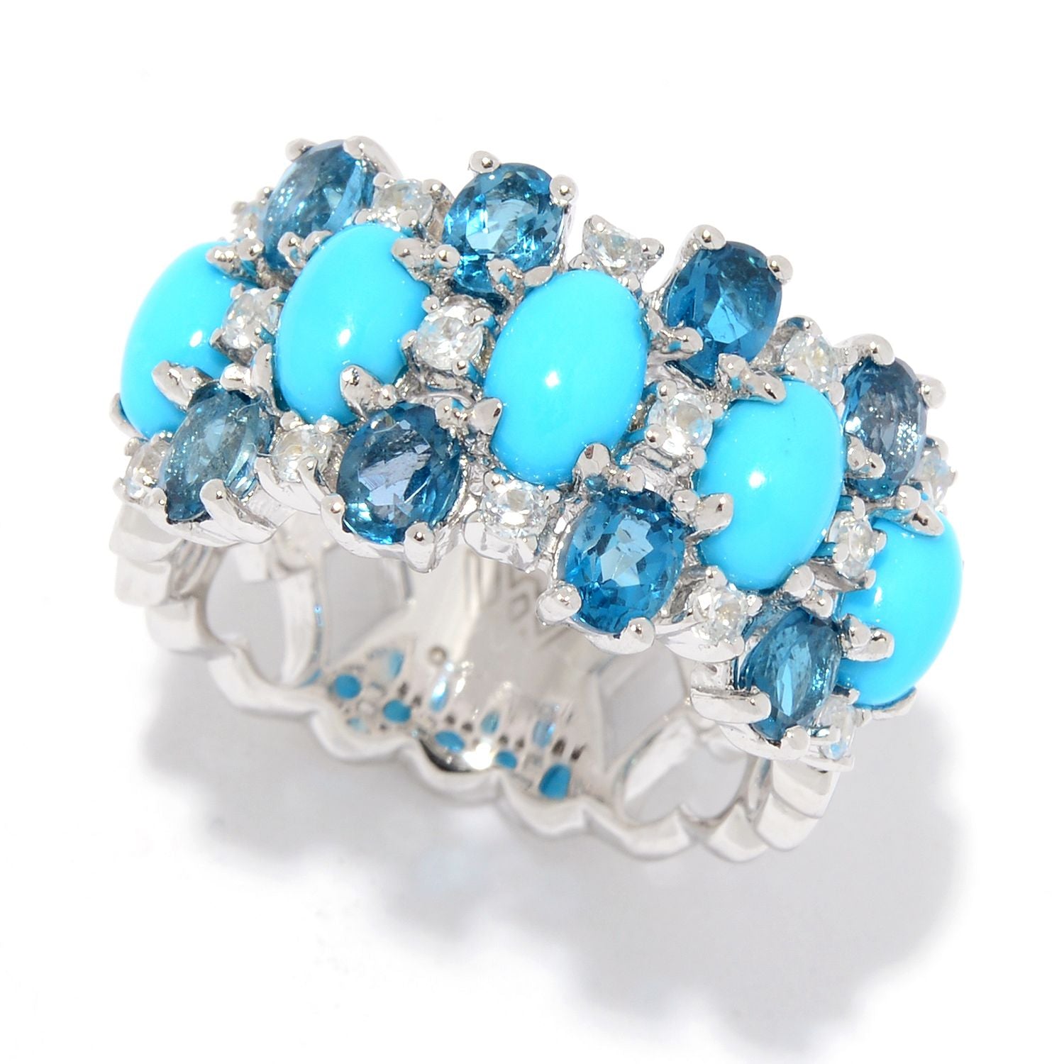925 Sterling Silver Sleeping Beauty Turquoise, London Blue Topaz, White Natural Zircon Ring - Pinctore