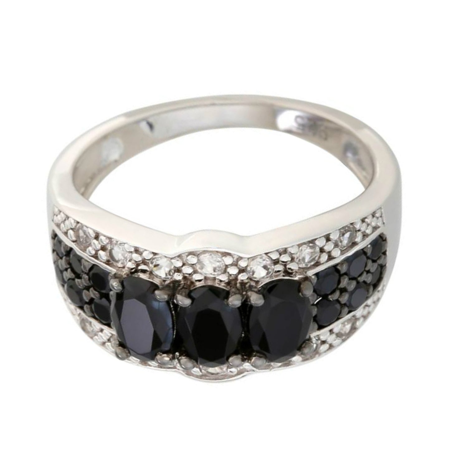 925 Sterling Silver Black Spinel, White Natural Zircon Ring - Pinctore