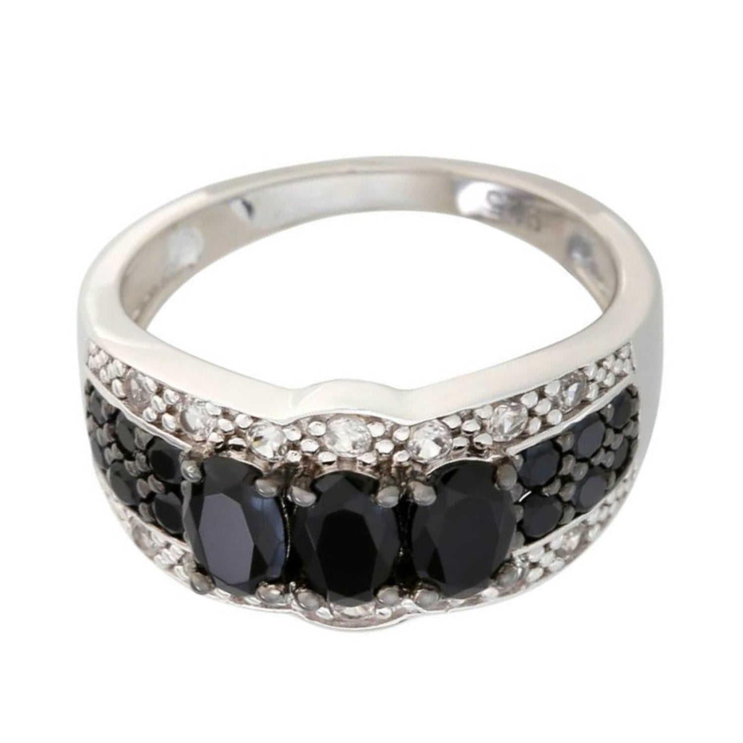 925 Sterling Silver Black Spinel, White Natural Zircon Ring - Pinctore