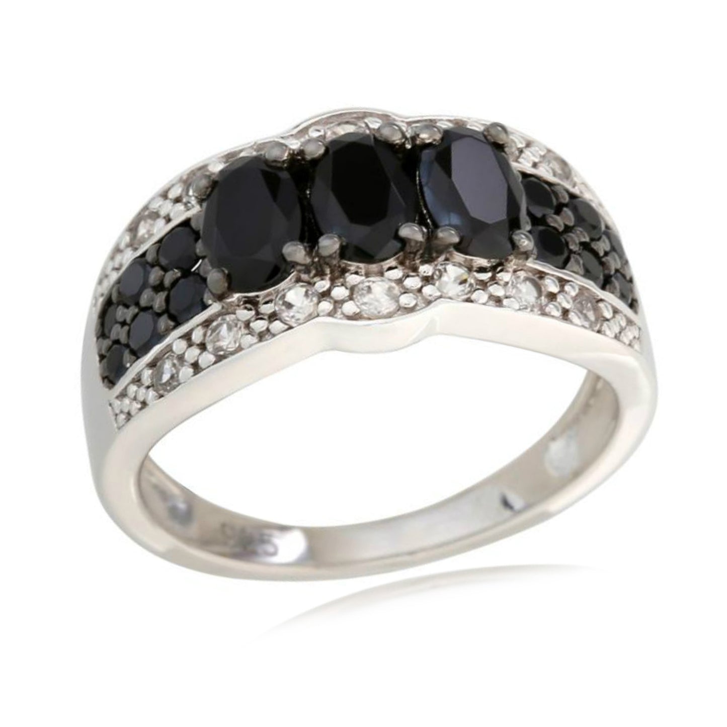 925 Sterling Silver Black Spinel, White Natural Zircon Ring - Pinctore