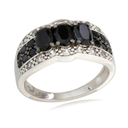 925 Sterling Silver Black Spinel, White Natural Zircon Ring - Pinctore