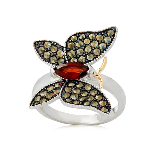 14K Gold & 925 Sterling Silver Marcasite, Red Garnet Ring - Pinctore