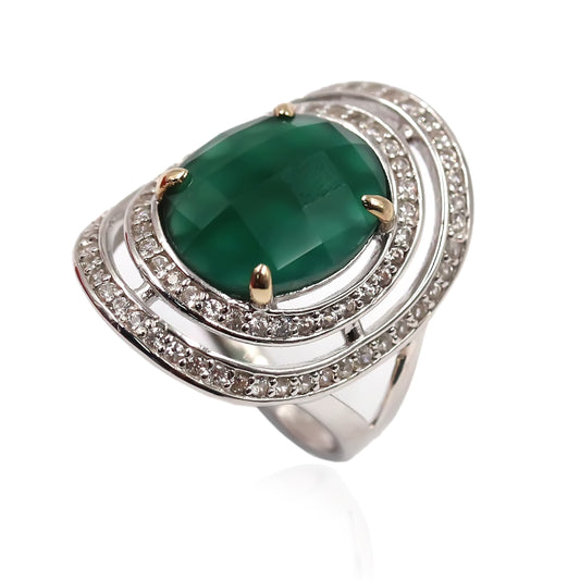 14K Gold & 925 Sterling Silver White Natural Zircon, Green Agate Ring - Pinctore