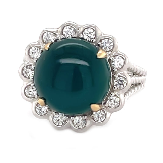 925 Sterling Silver Green Agate, White Natural Zircon Ring - Pinctore