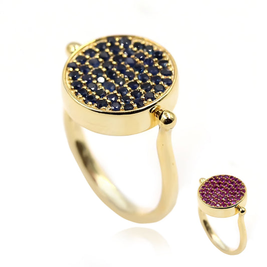 Sterling Silver Over Gold Plated Disc Rotating Blue Sapphire And Ruby Gemstone Rings