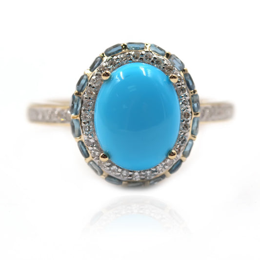 14kt Yellow Gold Sleeping Beauty Turquoise, London Blue Topaz Ring - Pinctore