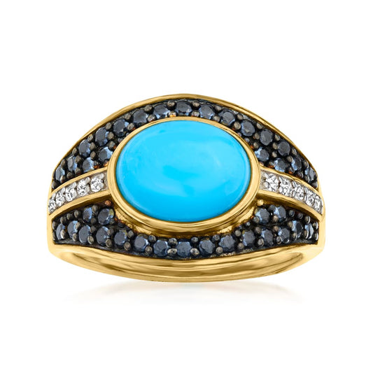 925 Sterling Silver Sleeping Beauty Turquoise, Black Spinel, White Natural Zircon Ring - Pinctore