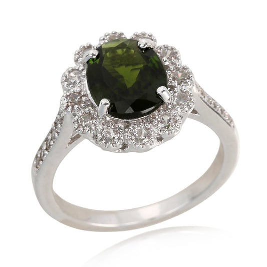 Sterling Silver 925 Chrome Diopside, White Natural Zircon Ring - Pinctore