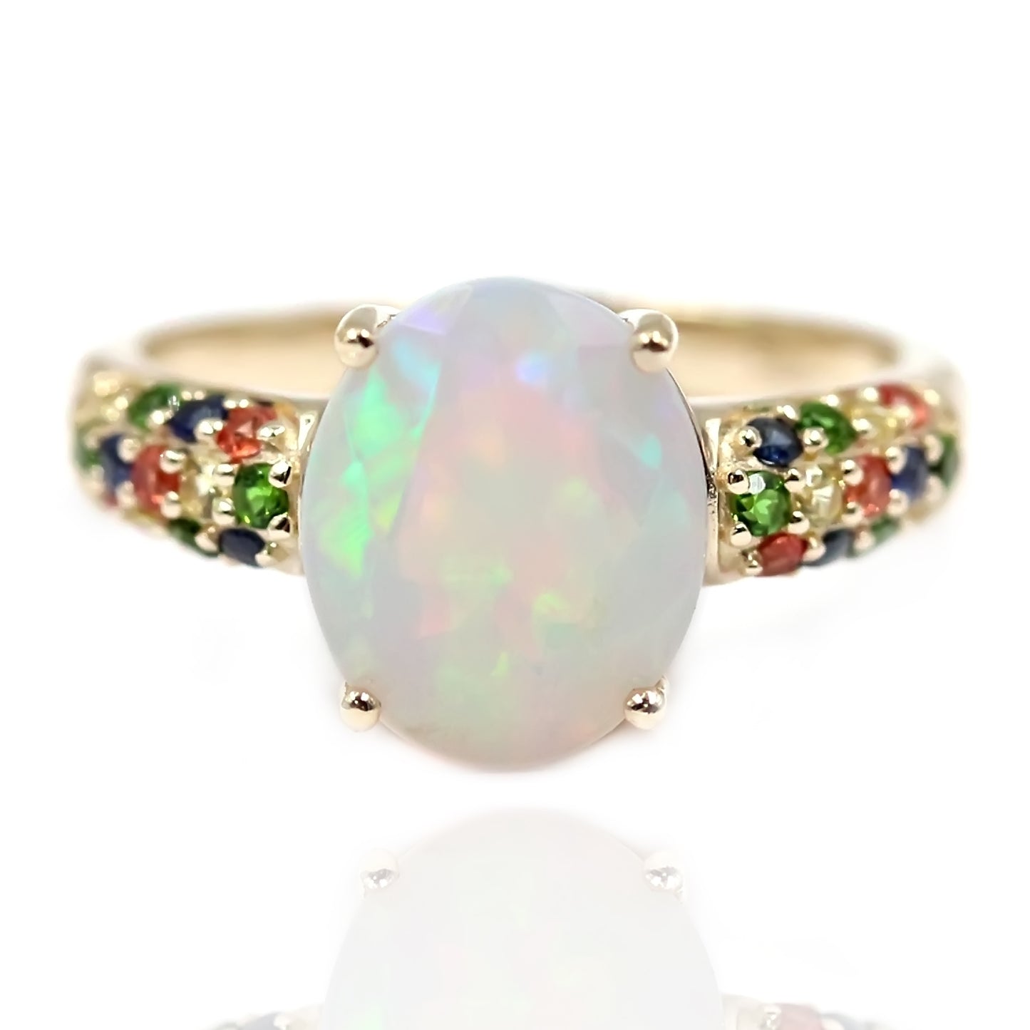 14kt Yellow Gold Ethiopian Opal, Chrome Diopside, Multi Sapphire Ring - Pinctore