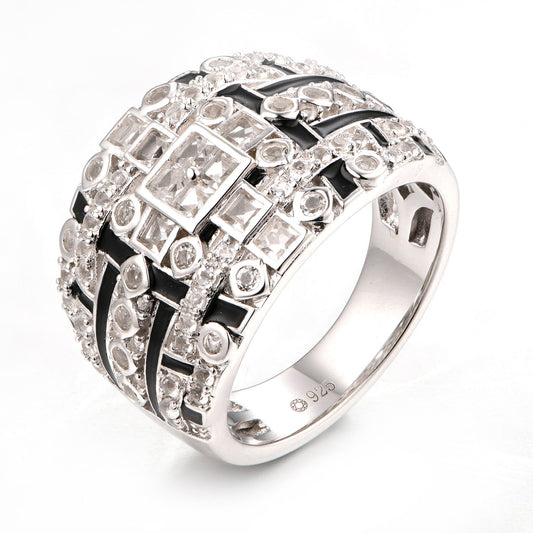 925 Sterling Silver White Topaz, Black Enamel Ring - Pinctore