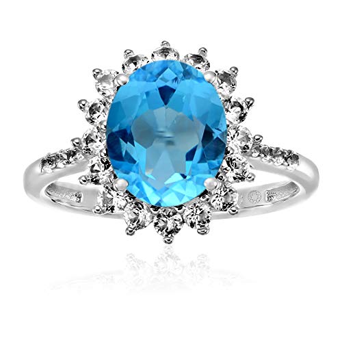 925 Sterling Silver Swiss Blue Topaz, Created White Sapphire Ring