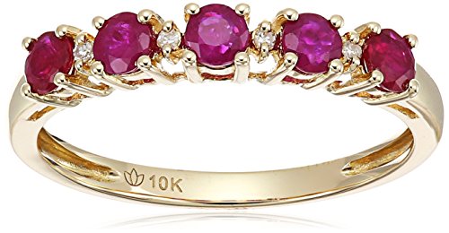 10k Yellow Gold Ruby and Diamond Accented Stackable Ring, Size 7