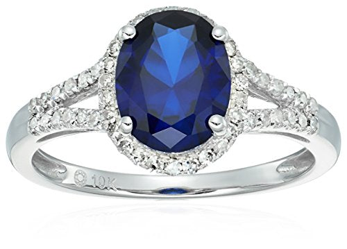 10k White Gold Created Blue Sapphire and Diamond Oval Halo Engagement Ring (1/5cttw, H-I Color, I1-I2 Clarity), Size 7