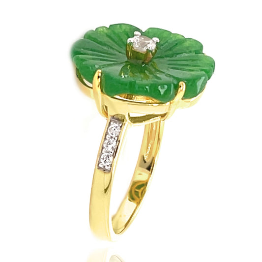 Natural Dyed Green Jade With White Zircon Gemstone Ring Gold Plated 925 Sterling Silver Ring Flower Ring Gift For Her