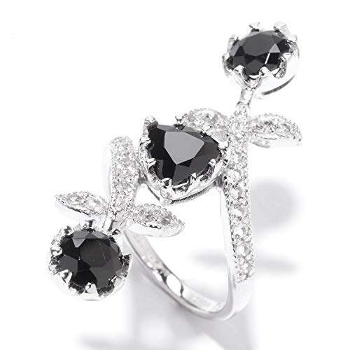 Pinctore Sterling Silver 4.08ctw Black Spinel & White Topaz Flower Bypass Ring, Size 6