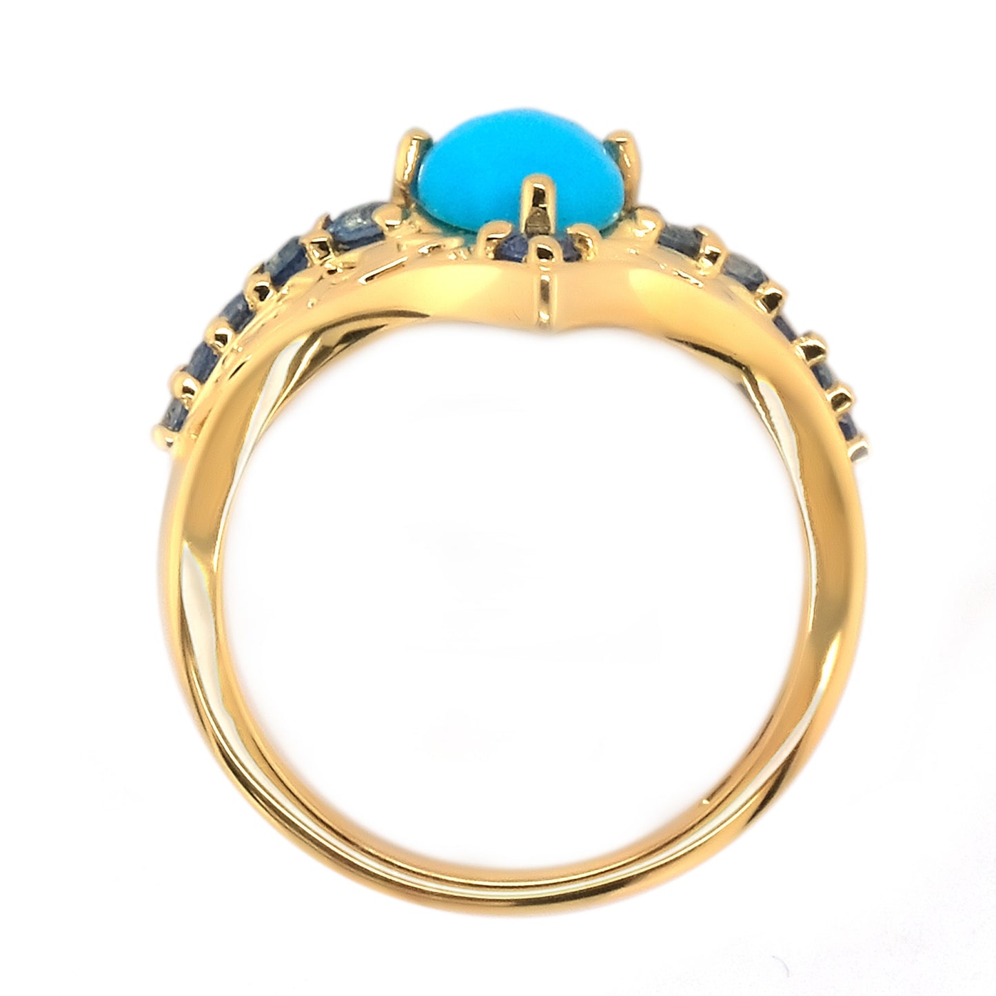 Yellow Gold Plated Over Sterling Silver Sleeping Beauty Turquoise And Ceylon Blue Sapphire Gemstone Band Ring