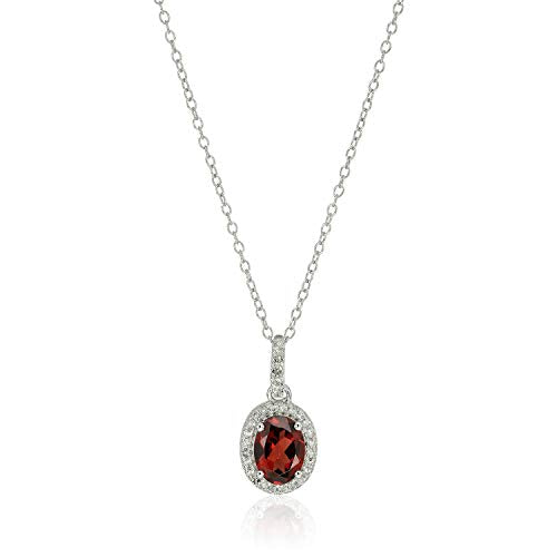 Pinctore Sterling Silver Oval Garnet and White Topaz Pendant Necklace, 18"