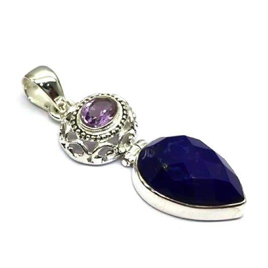 Natural Lapis Lazuli With Amethyst Gemstone Pendant 925 Sterling Silver Pendant, Boho Pendant With 18" Chain Fine Jewelry Gift For Her