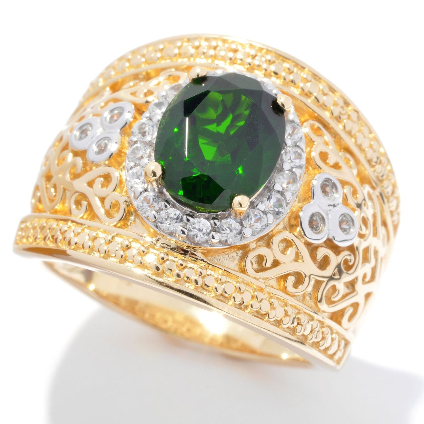 925 Sterling Silver White Natural Zircon,Chrome Diopside Ring