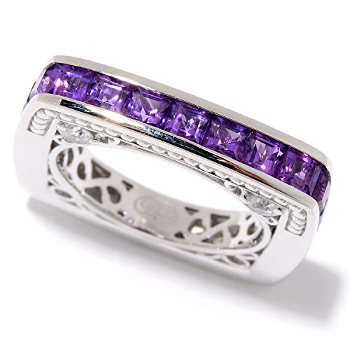 Pinctore Sterling Silver African Amethyst & White Zircon Square Band Ring