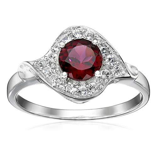 Pinctore Sterling Silver Rhodolite and Created White Sapphire Halo Solitaire Ring