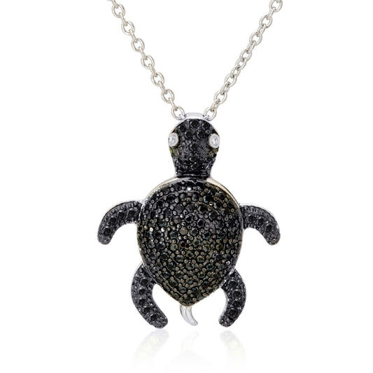 925 Sterling Silver Turtle Tortoise Black Spinel and White Zircon Gemstone Pendants