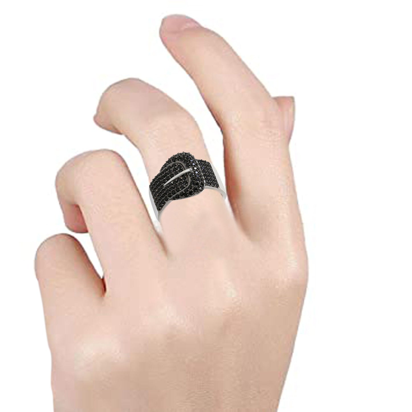 925 Sterling Silver Ring for Women, Black Spinel Cluster Ring, Women Belt Shape Women Ring,